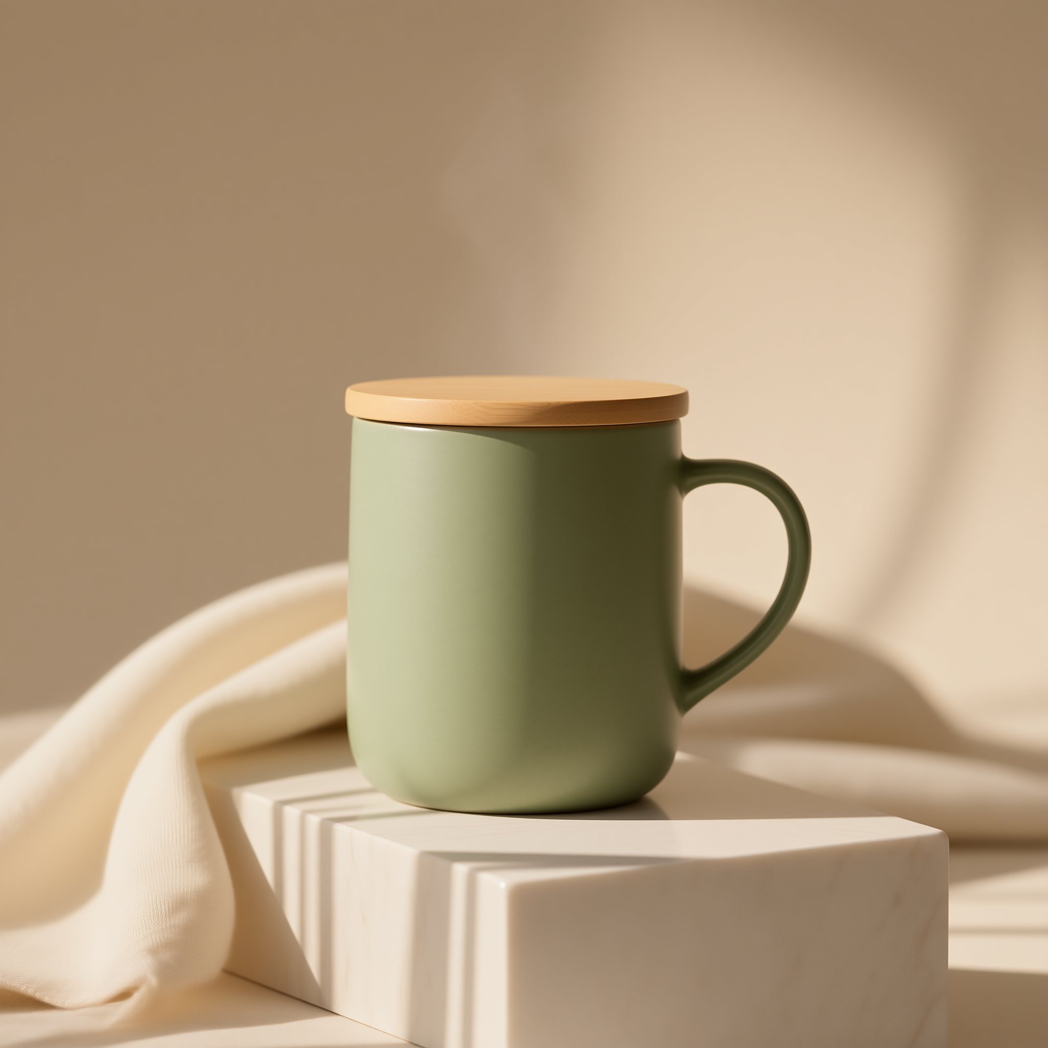 Handmade ceramic mug on a stone pedestal in warm morning light, generated as a clean product photo